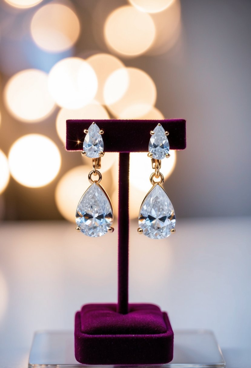 A pair of CZ pave pear clip-on earrings displayed on a velvet jewelry stand, with soft lighting to highlight their sparkle