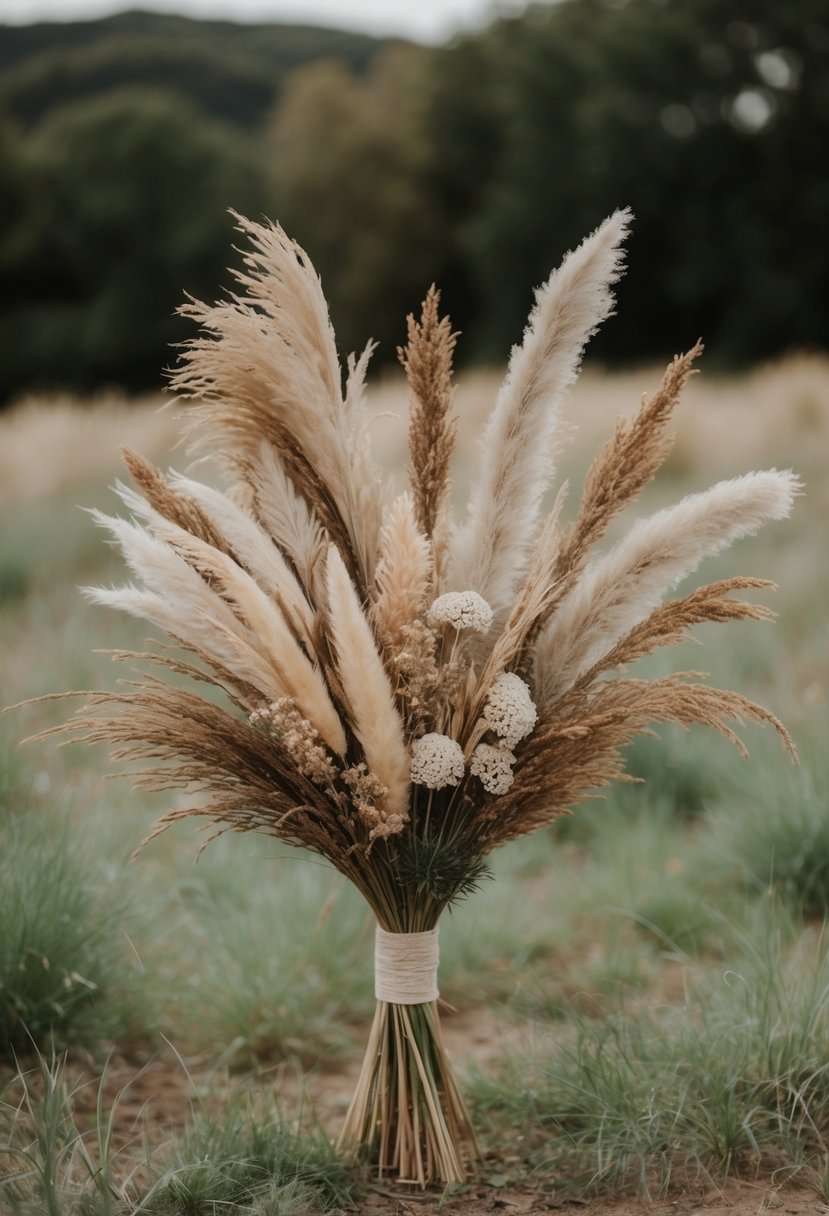 A rustic boho bouquet of dried pampas grass and wildflowers arranged in a loose, organic style, with wispy stems and soft, muted colors