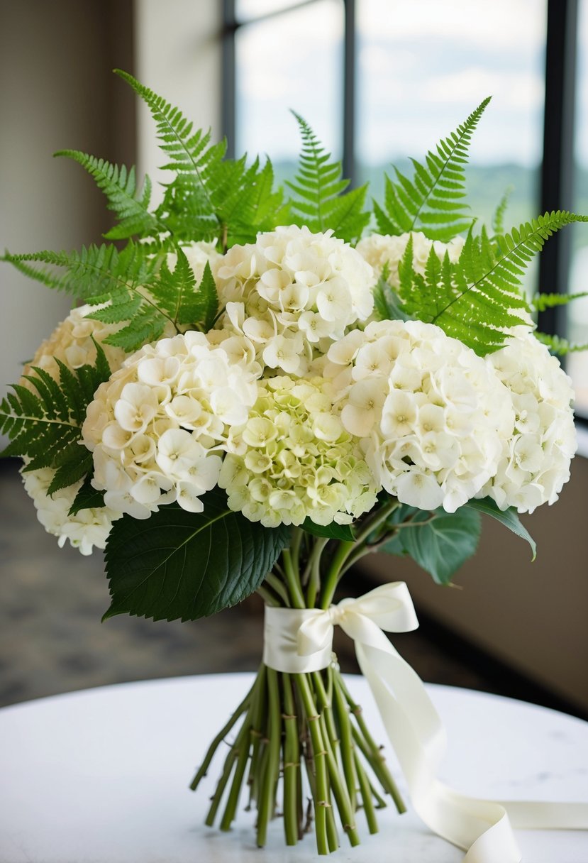 A lush bouquet of white hydrangeas with delicate green fern accents, tied together with a satin ribbon