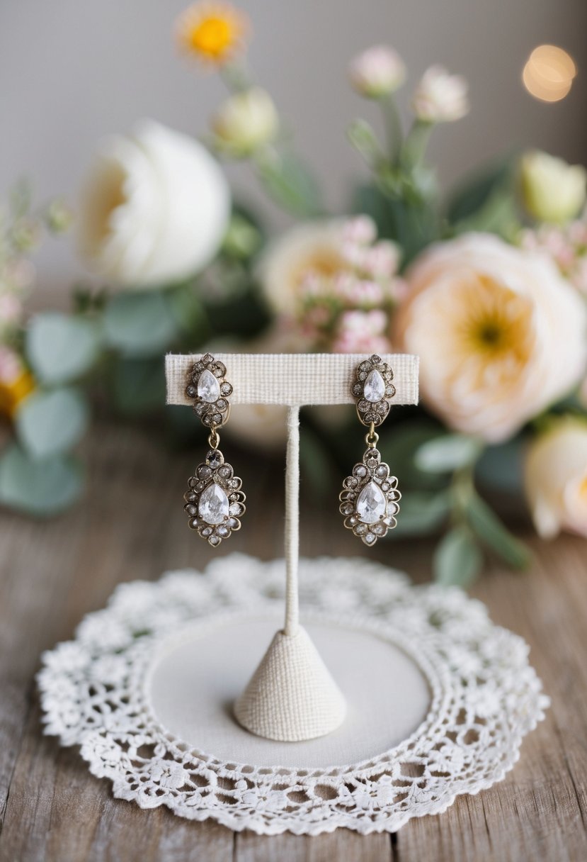 A vintage-style pair of clip-on wedding earrings displayed on a lace-covered jewelry stand, surrounded by delicate floral accents and soft lighting