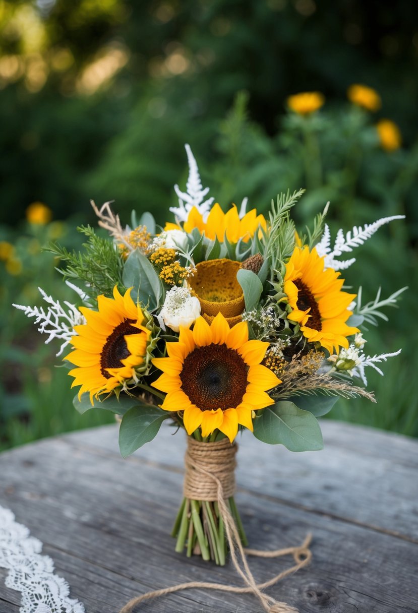 A sunflower and dried herb wedding bouquet, arranged in a rustic, natural style with twine and lace accents