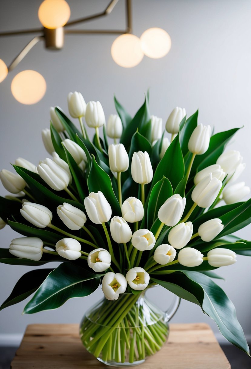 A lush bouquet of white tulips and green magnolia leaves arranged in a modern, elegant style