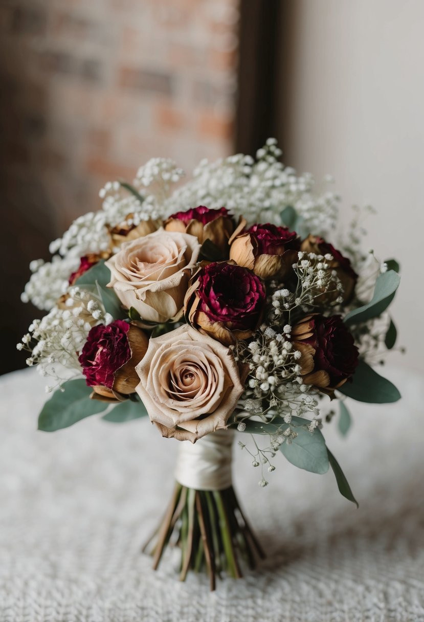 A vintage-inspired wedding bouquet featuring dried roses and baby's breath, arranged in a delicate and romantic composition