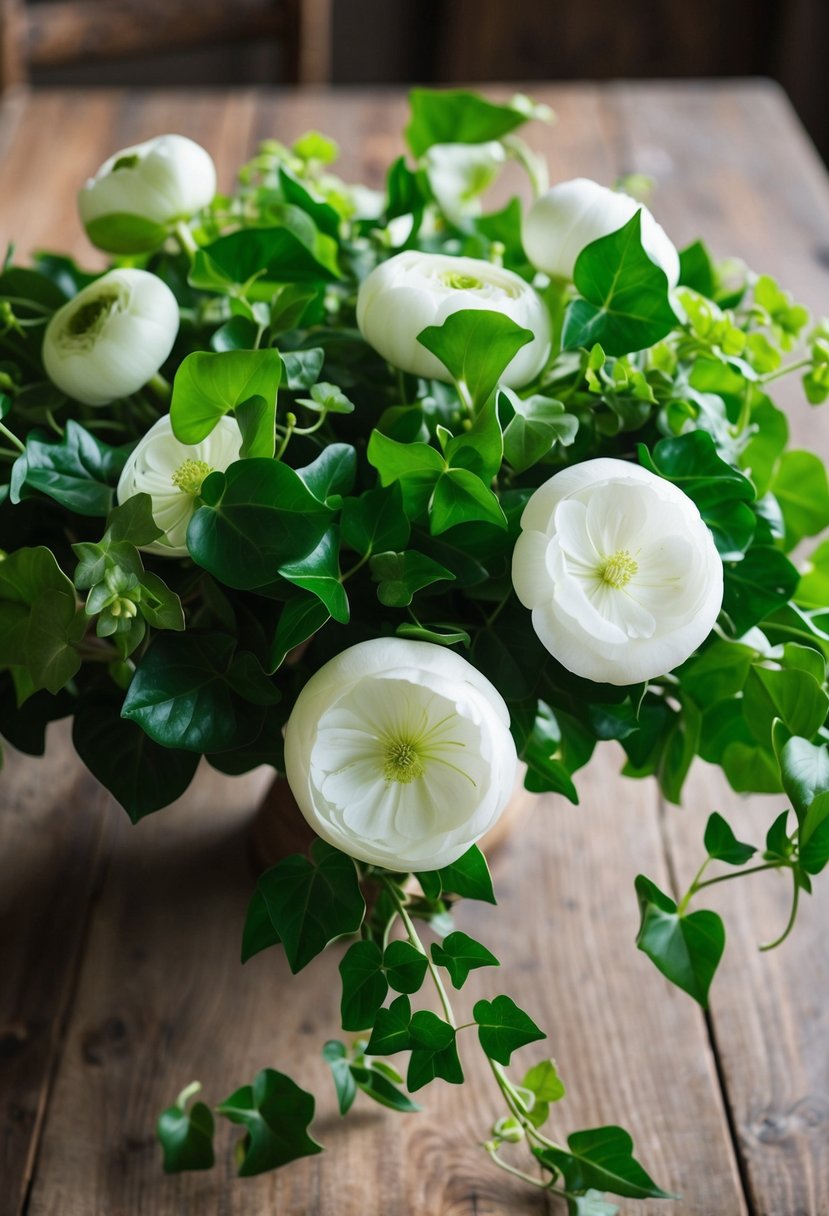 A lush white and green ranunculus and ivy bouquet rests on a rustic wooden table