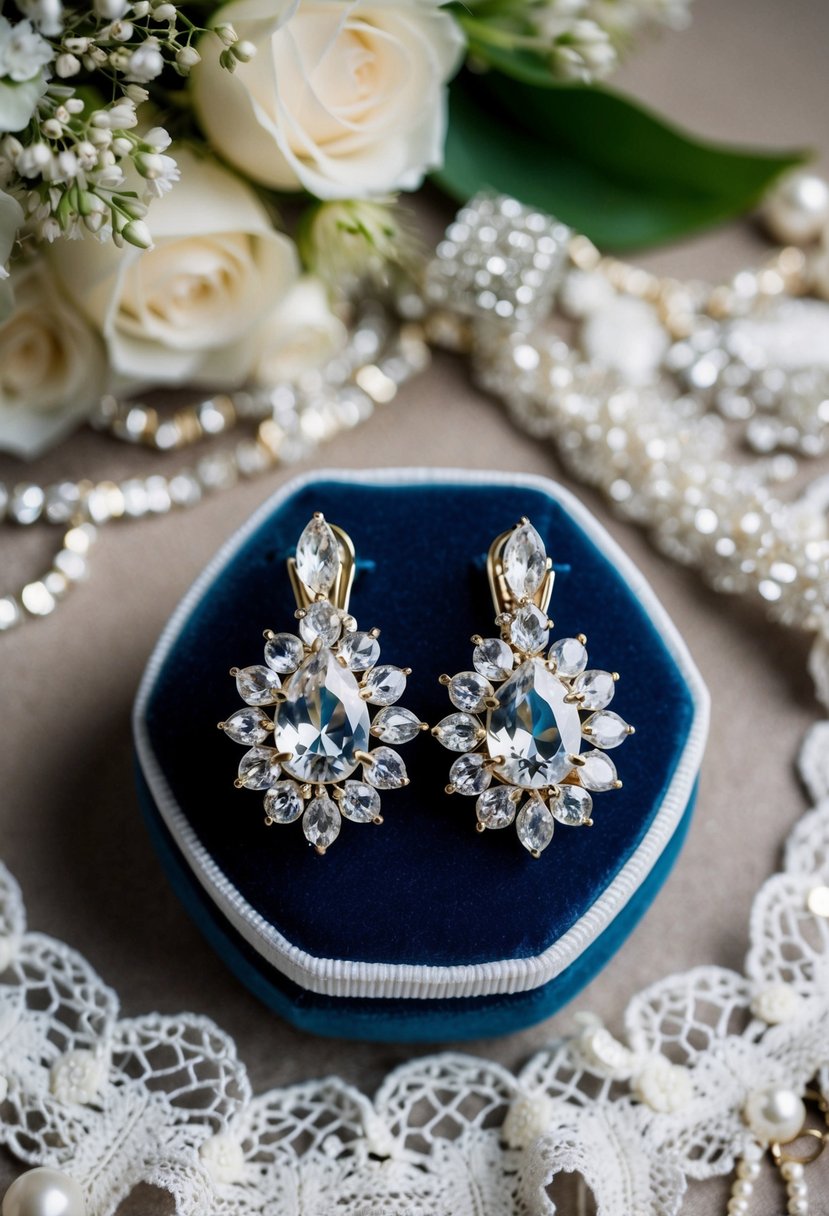 A pair of sparkling Austrian crystal clip-on earrings displayed on a velvet cushion, surrounded by delicate lace and bridal accessories