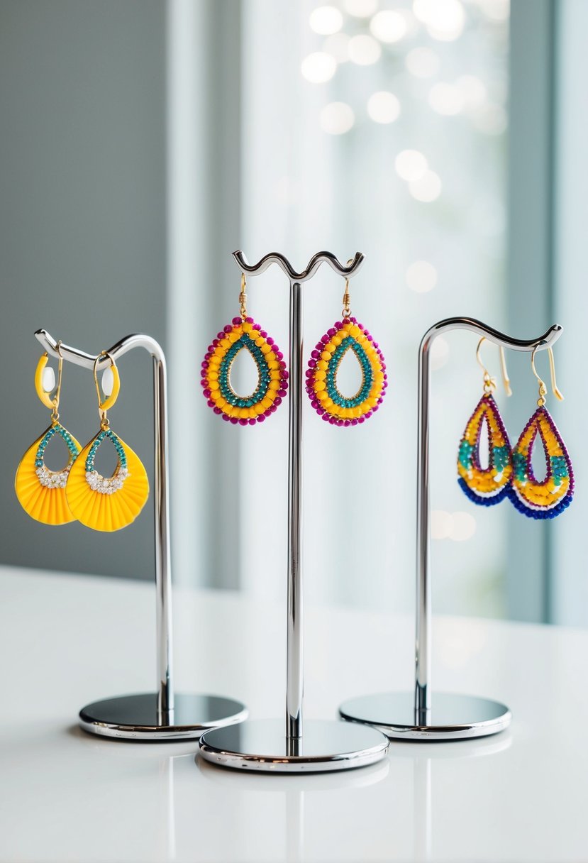 Vibrant clip-on wedding earring designs displayed on a sleek, modern stand against a clean, white background