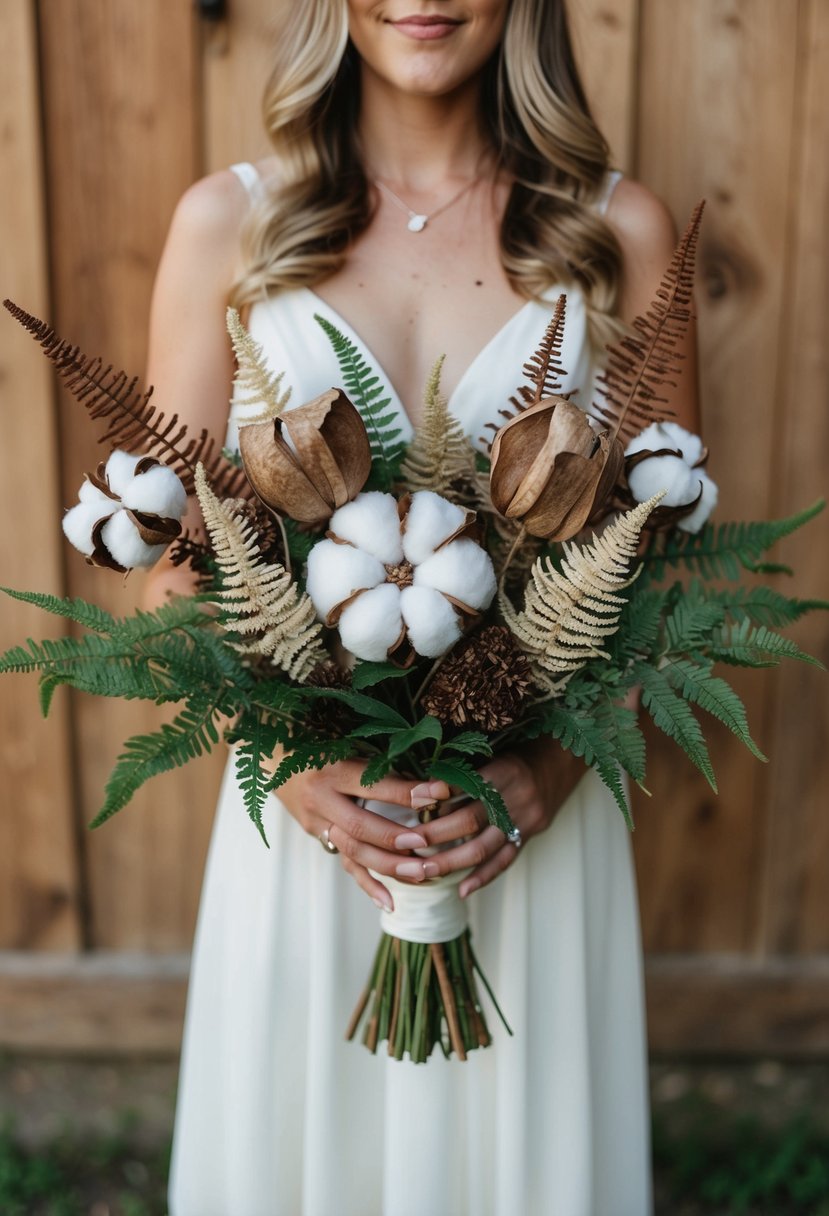 A rustic wedding bouquet with earthy ferns and dried cotton pods