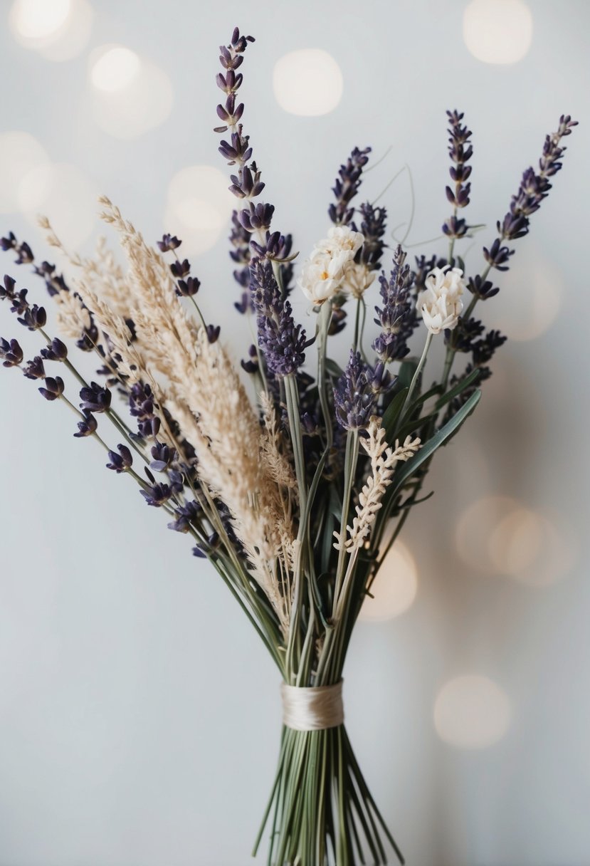 A simple, elegant bouquet of dried lavender and other delicate flowers arranged in a modern, minimalist style