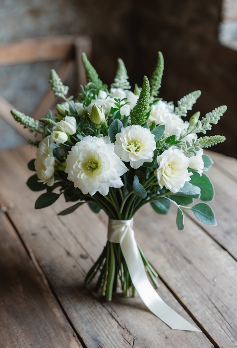 A delicate white lisianthus and green sage bouquet, tied with a satin ribbon, sits on a rustic wooden table