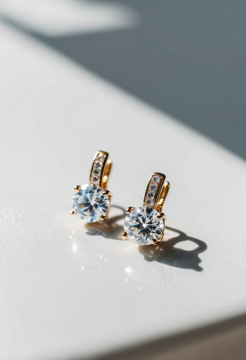 A pair of sparkling cubic zirconia clip-on earrings on a clean, white surface with soft, natural lighting