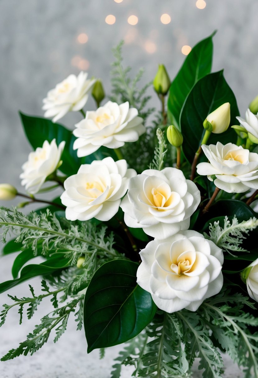 A bouquet of fragrant gardenias and dusty miller leaves, arranged in a white and green color scheme, with delicate stems and lush foliage