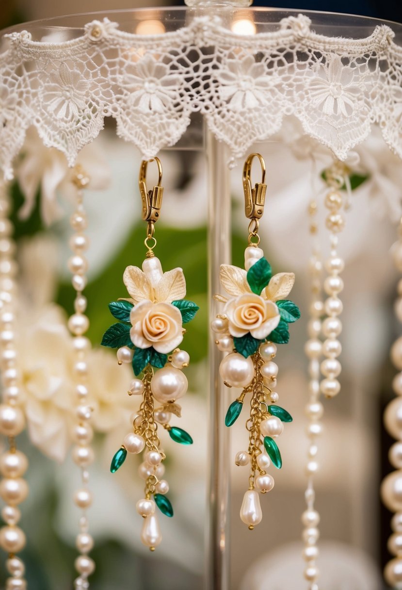 A pair of handcrafted floral clip-ons dangle from a display, surrounded by delicate lace and shimmering pearls