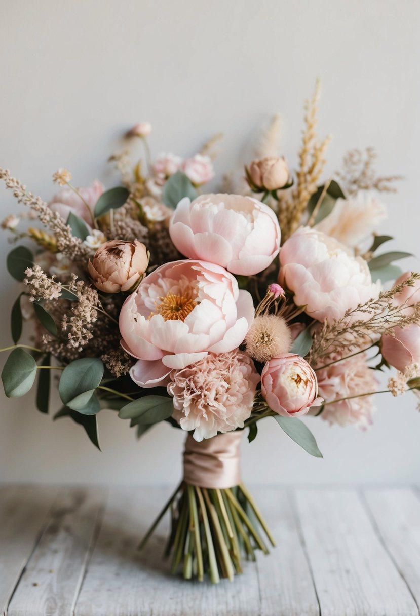 A delicate bouquet of blush peonies and dried flowers, arranged in a romantic and elegant style, perfect for a wedding celebration