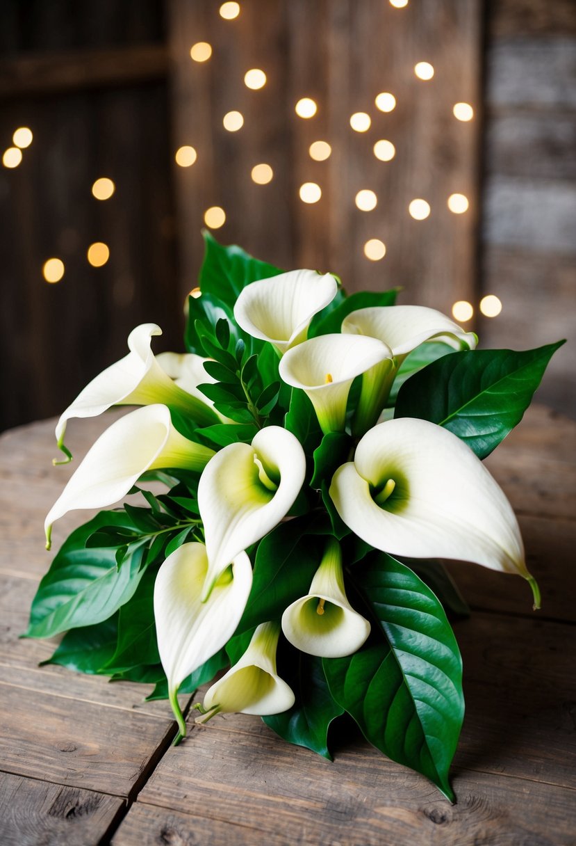 A white and green wedding bouquet of calla lilies and bay leaves rests on a rustic wooden table