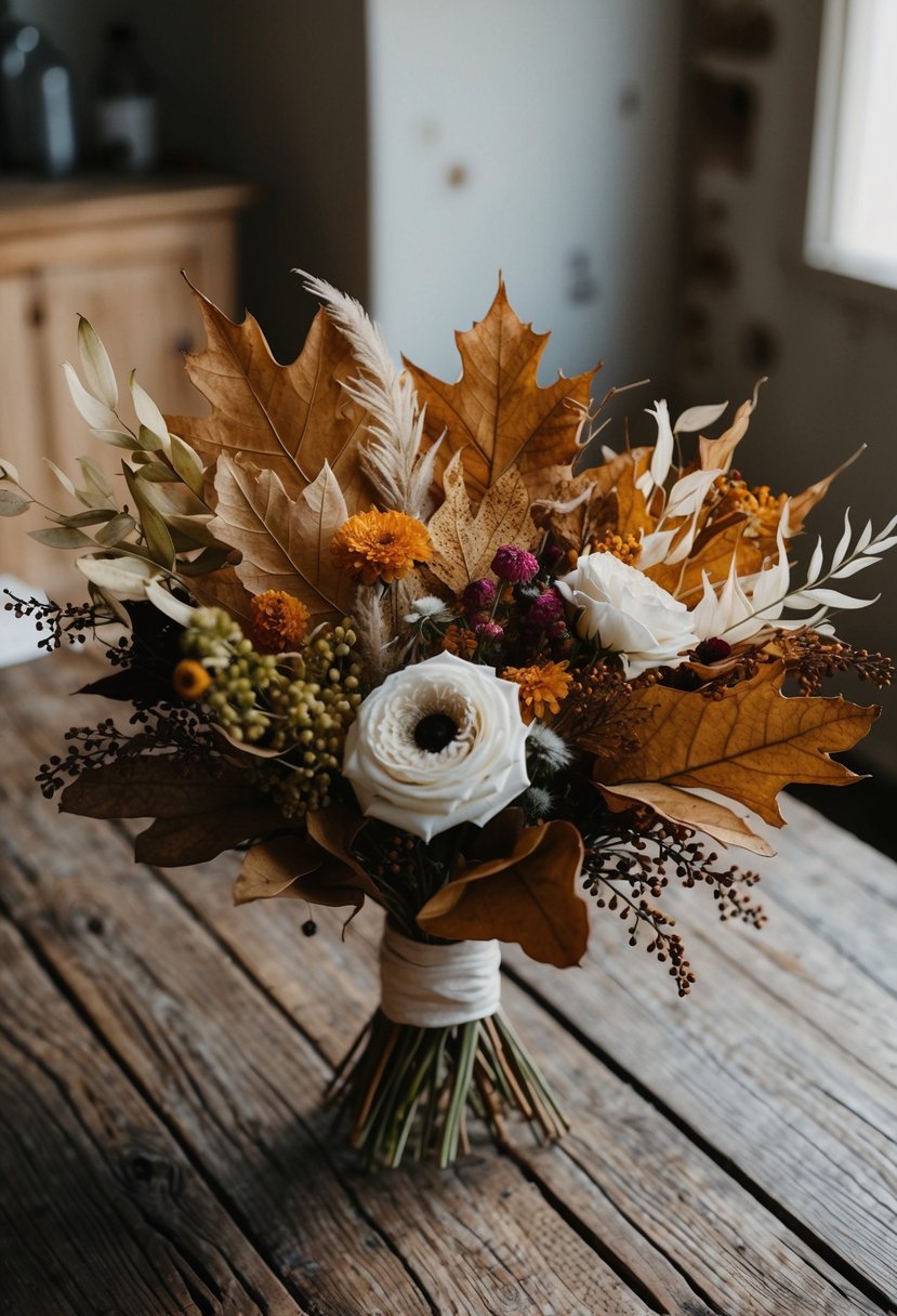 A rustic wooden table with a chic arrangement of dried autumn leaves and flowers in a wedding bouquet