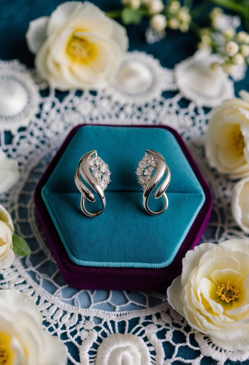 A pair of elegant silver rhodium clip-on earrings displayed on a velvet cushion, surrounded by delicate lace and floral decorations