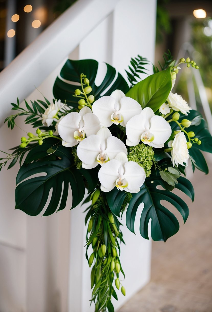 A white and green wedding bouquet featuring orchids and monstera leaves, arranged in a cascading style