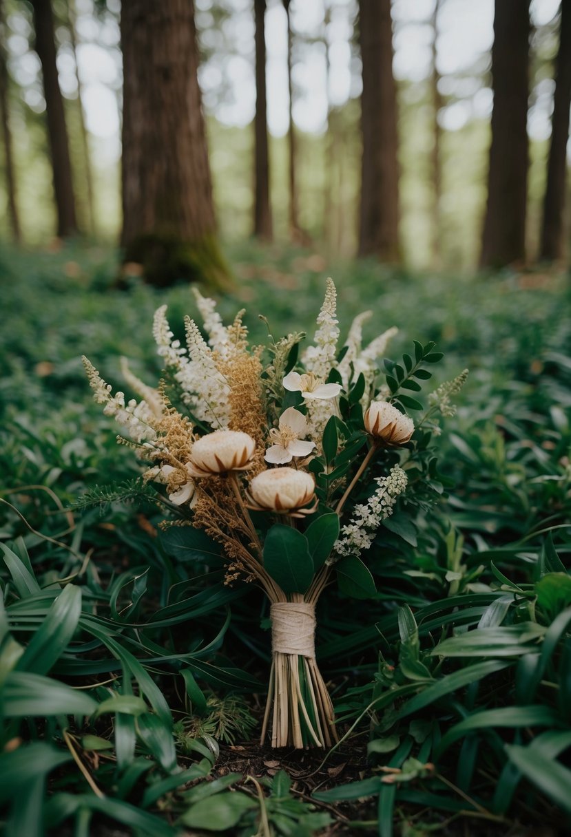 A lush forest floor with dried flowers intertwined in green foliage, perfect for a wedding bouquet