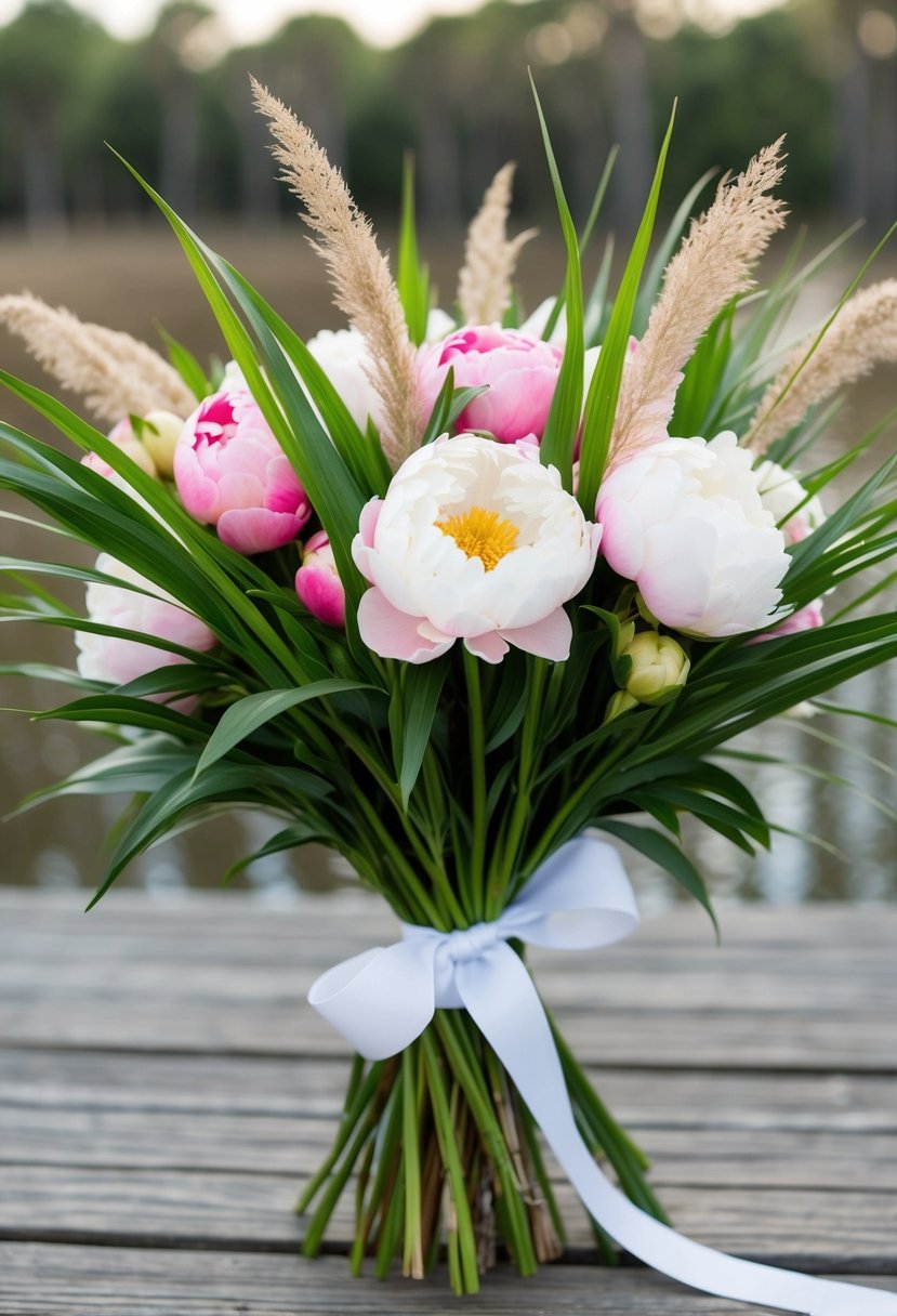 A lush bouquet of peonies and Charleston Green marsh grasses, tied with white ribbon