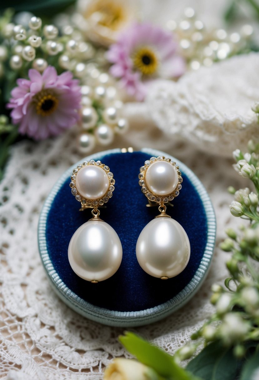 A pair of ivory pearl clip-on earrings displayed on a velvet cushion, surrounded by delicate lace and floral accents