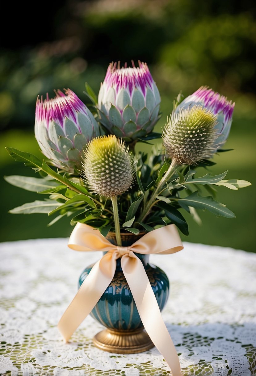 A vibrant mix of protea and thistle, tied with a satin ribbon, rests in a vintage vase on a lace tablecloth