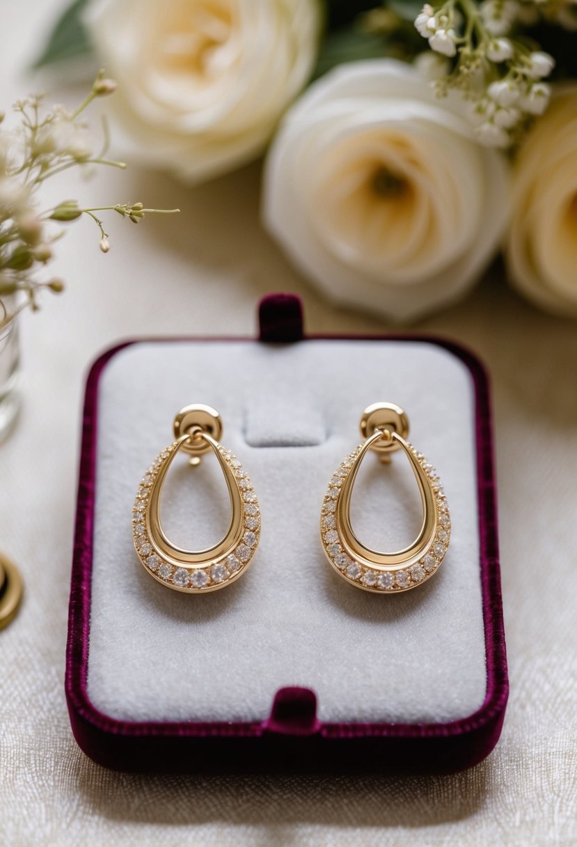 A pair of elegant gold clip-on wedding earrings displayed on a velvet-lined jewelry tray