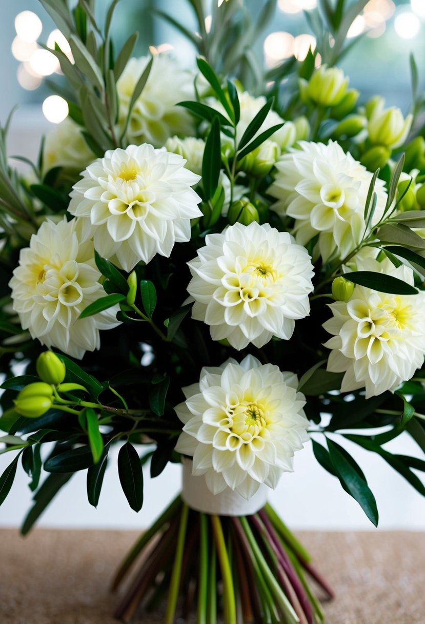 A lush bouquet of white dahlias intertwined with green olive branches