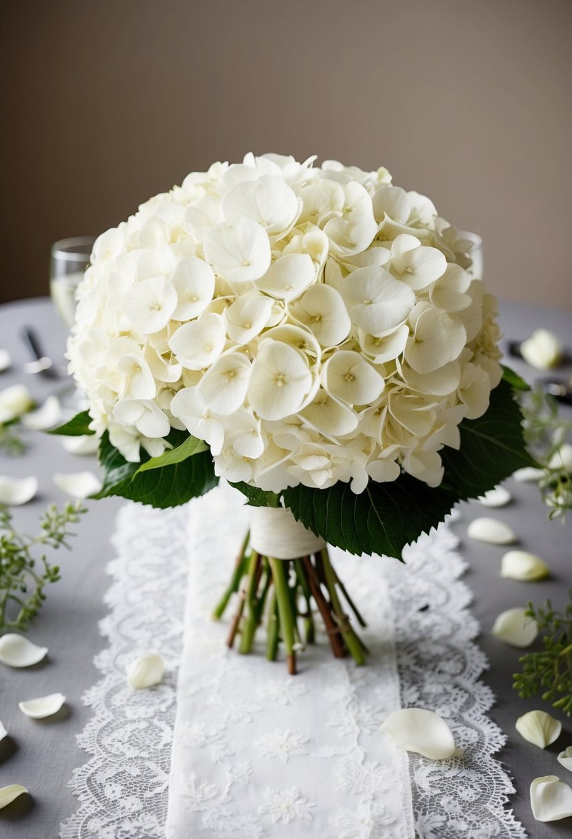 A white hydrangea wedding bouquet sits on a lace table runner, surrounded by scattered petals and delicate greenery