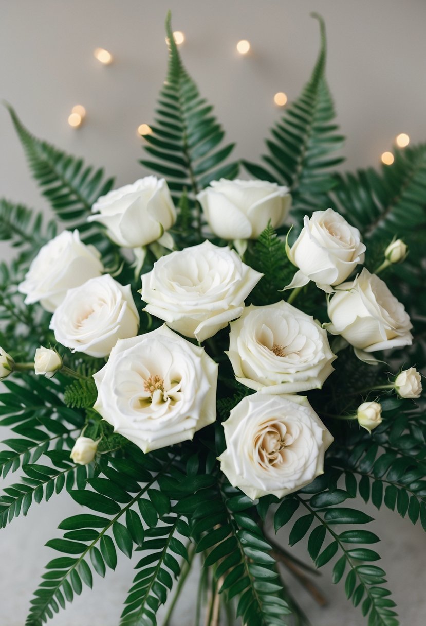 A delicate bouquet of white spray roses and lush green ferns arranged in a loose and natural style