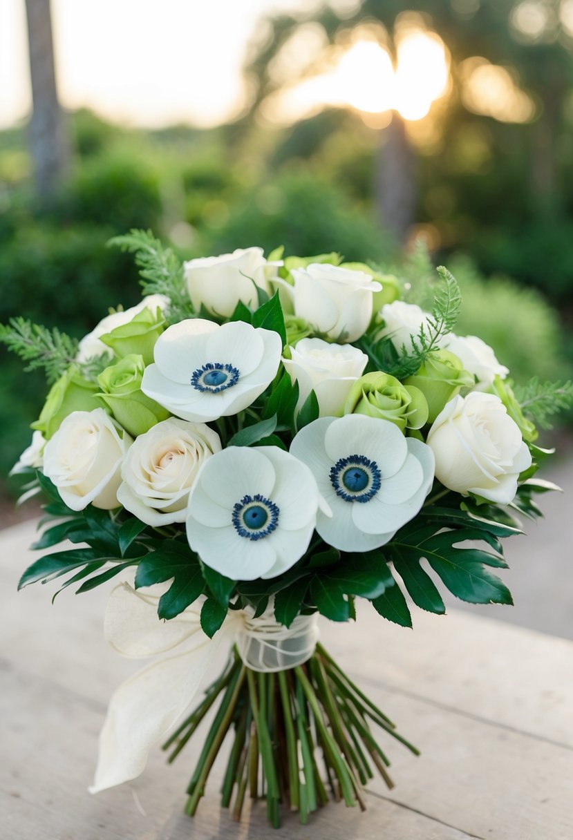 A lush bouquet of white anemones and green palmetto roses, tied together with a delicate ribbon