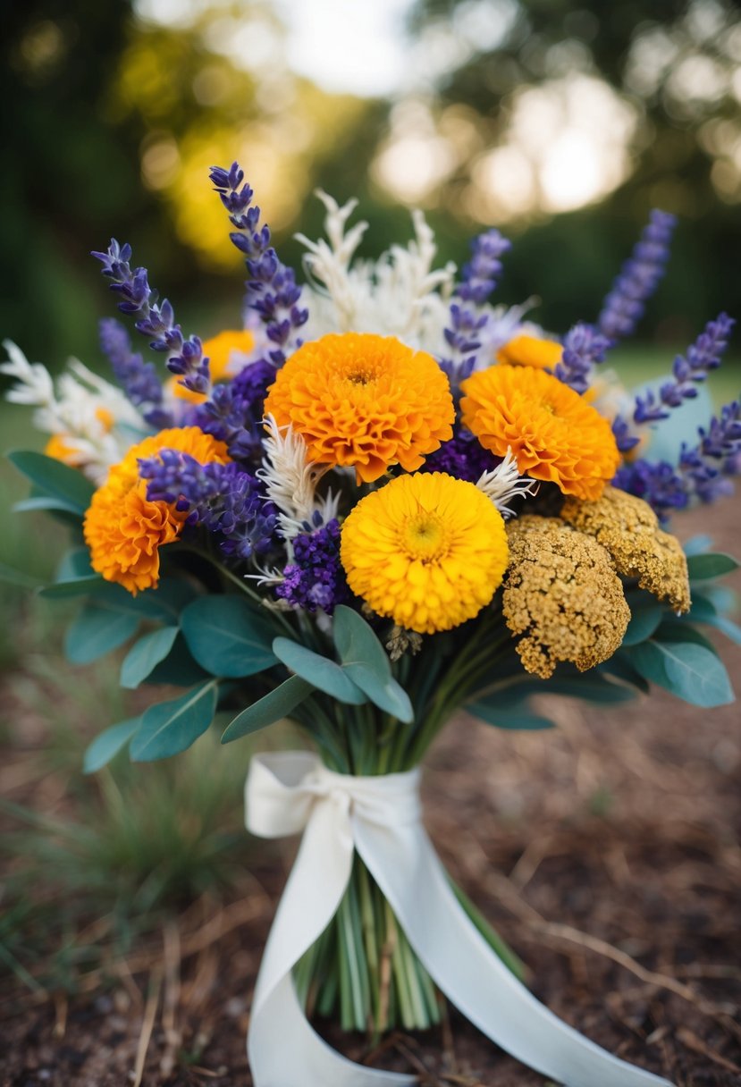 A vibrant wedding bouquet featuring bold marigold and lavender dried flowers, tied with a delicate ribbon