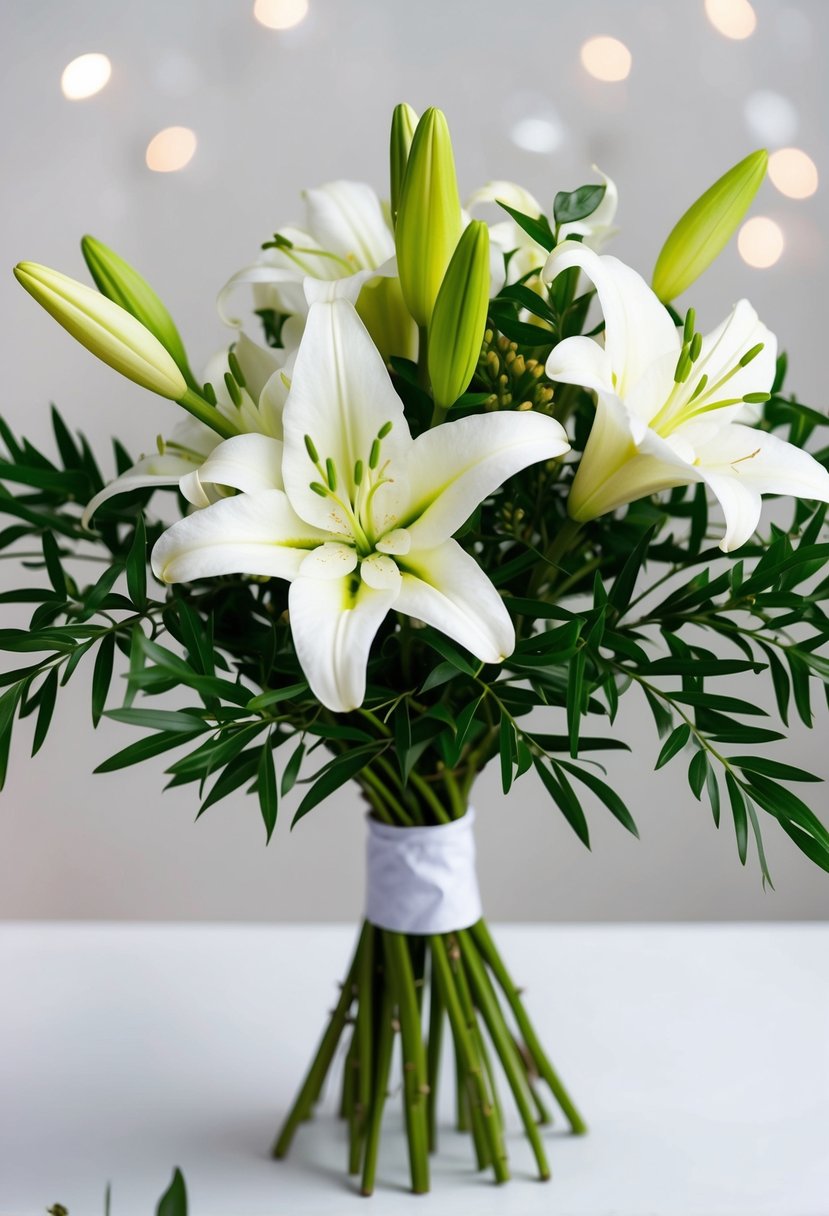 A delicate bouquet of white lilies and green myrtle leaves, arranged in a simple, elegant design