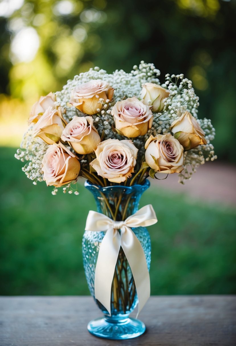 A vintage glass vase holds a bouquet of dried roses, accented with delicate baby's breath and tied with a satin ribbon