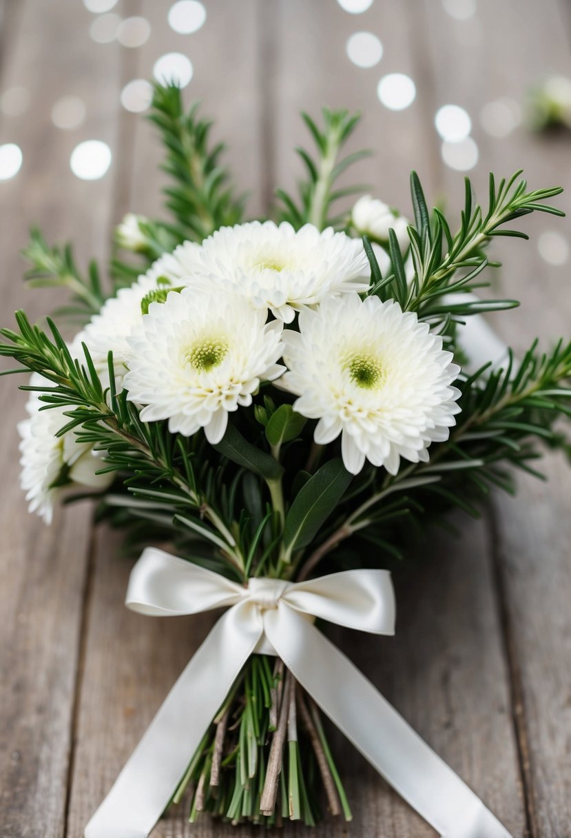 A delicate bouquet of white chrysanthemums and green rosemary, tied with a satin ribbon