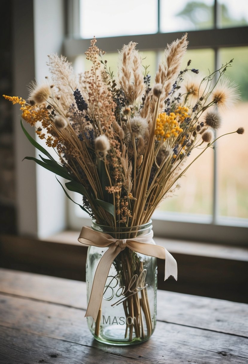 A whimsical bouquet of dried field flowers, tied with a ribbon, sitting in a vintage mason jar on a rustic wooden table