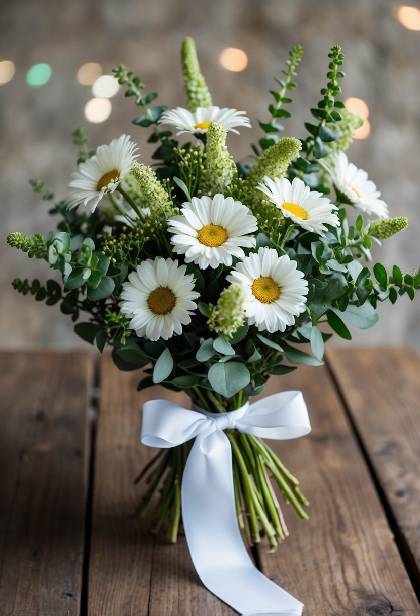 A bouquet of white daisies and green ruscus, tied with a white ribbon, sits on a rustic wooden table