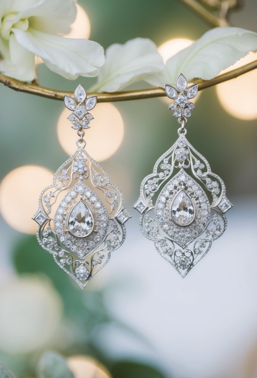 A pair of intricate, oversized wedding earrings gleam in the soft light, adorned with shimmering gemstones and delicate filigree details