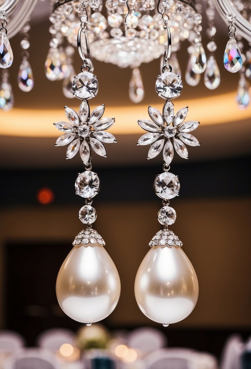 Dramatic pearl drops hang from crystal-accented chandelier earrings, catching the light in a luxurious ballroom setting