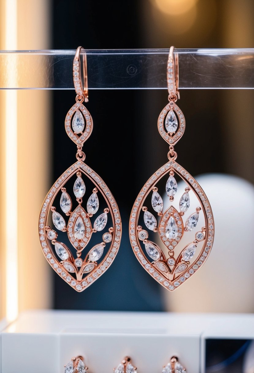 A pair of elegant rose gold danglers suspended from a display, with soft lighting to highlight their intricate design and luxurious sparkle