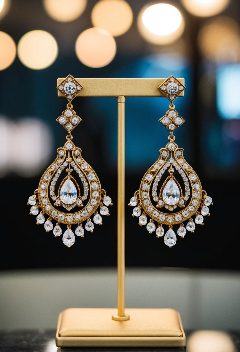 A pair of vintage-inspired chandelier earrings hanging from a display stand, catching the light with their intricate design and sparkling gemstones