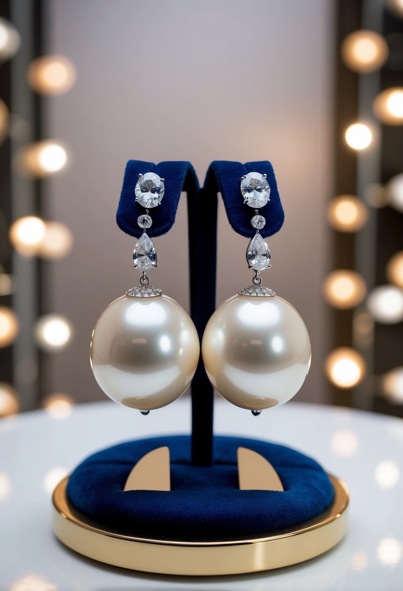 A pair of large ivory pearl and zirconia earrings displayed on a velvet cushion with soft lighting highlighting their elegant design