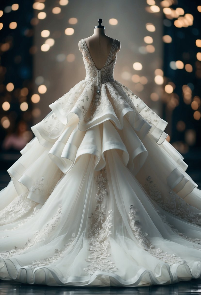 A voluminous wedding dress with layers of tulle and lace, adorned with delicate beading and floral appliques, cascading down in a dramatic train