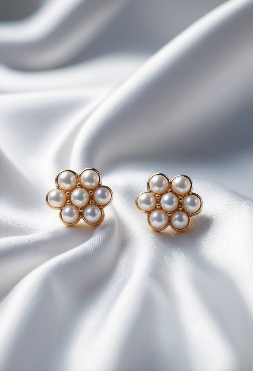 A close-up of modern pearl cluster studs against a white satin background, with soft lighting to highlight their elegant design