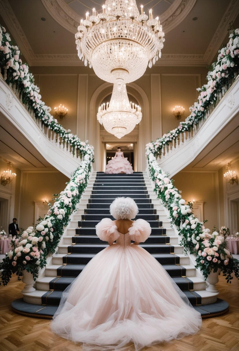 A grand ballroom with a sweeping staircase, adorned with crystal chandeliers and opulent floral arrangements, where a puffy ball gown-clad figure makes a dramatic entrance