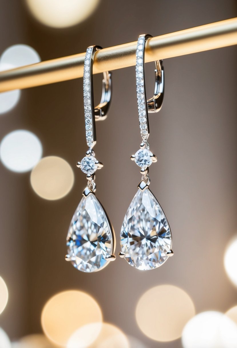 Two sparkling diamond teardrop earrings hang from a delicate display, catching the light in a luxurious setting