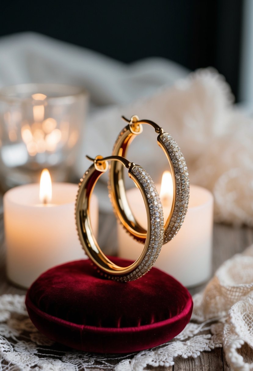 A sparkling pair of oversized gold hoop earrings on a velvet cushion, surrounded by soft candlelight and delicate lace fabric