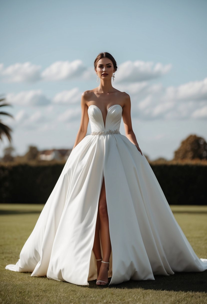 A puffy wedding dress with a high front slit billowing in the wind