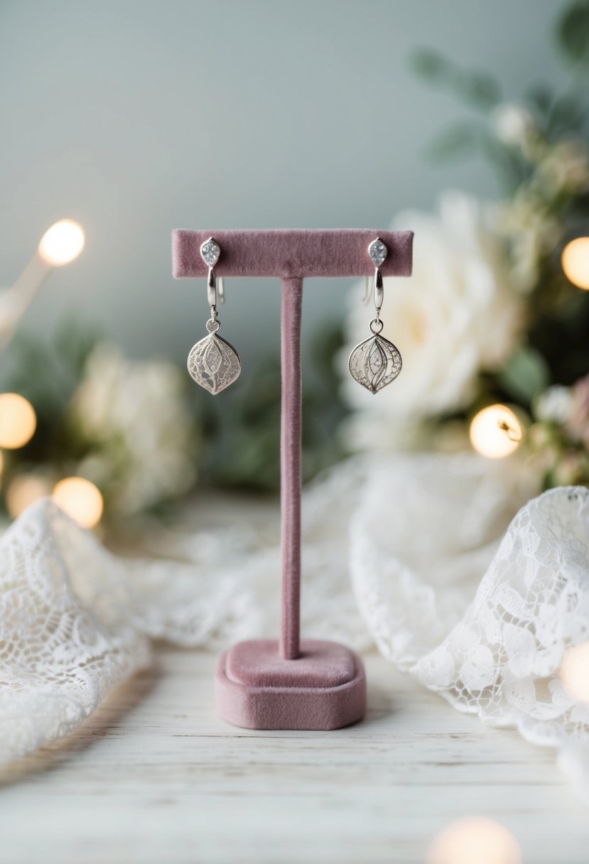 Elegant silver dangle earrings showcased on a velvet jewelry stand, surrounded by soft lighting and delicate lace fabric