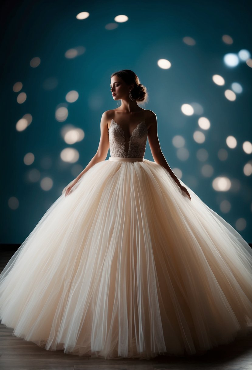 A voluminous tulle skirt billows out, creating a dramatic silhouette