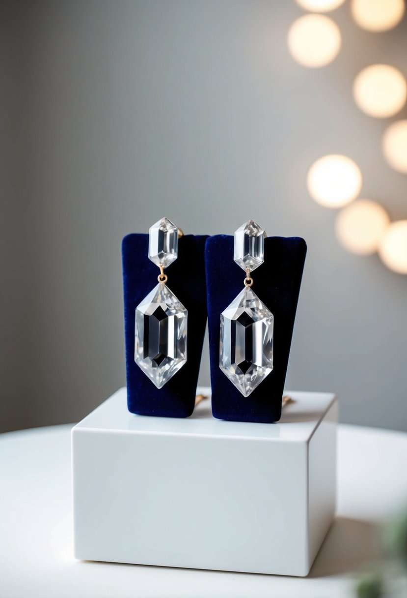 A pair of bold geometric crystal earrings displayed on a sleek, minimalist pedestal in a softly lit room